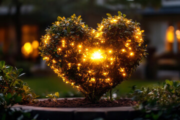 Heart shaped bush illuminated with fairy lights in a garden at dusk