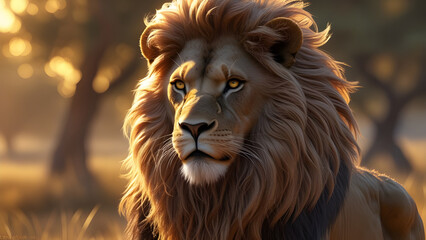 Naklejka premium Majestic Lion in the Golden Afternoon A Hyper-Realistic Portrait