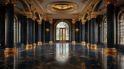 Fototapeta premium Palace Interior Background. Luxury Interior of Royal Palace. Black and Gold Marble Castle Hall