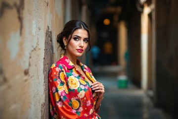 Fototapeta premium Portrait confident, cool woman in vibrant clothing standing in alley doorway