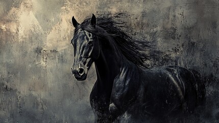 Majestic black horse with flowing mane on grunge background.