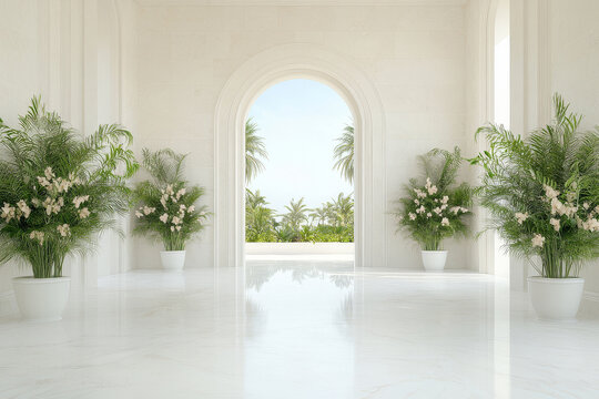 Palace Interior Background. White Marble Hall with Rose Flowers and Green Plants. Door in Tropical Garden. Abstract Wedding Background