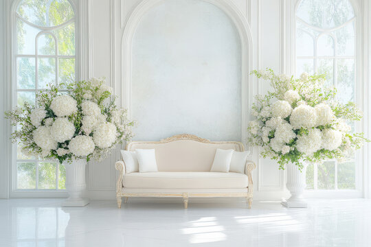 Luxury Interior of a Living Room with white Armchair and Bouquets of White Flowers. Wedding Interior