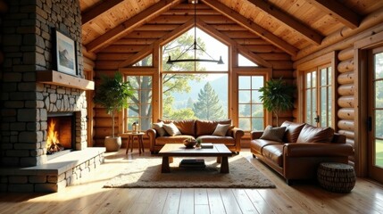 Rustic Log Cabin Living Room with Cozy Leather Sofas and Stone Fireplace