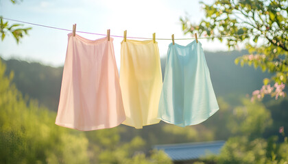 Clean clothes hanging on washing line against sky. Drying laundry