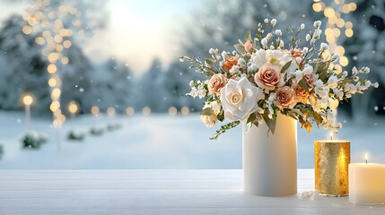Fototapeta premium A couple exchanging vows in a snowy garden, surrounded by white and gold wedding decor. Snowflakes gently falling create a magical scene.