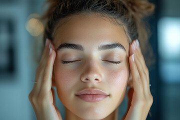 Fototapeta premium Young woman with smile on her face covers her temples with her hands