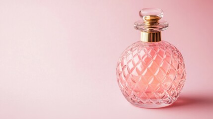 Elegant perfume bottle with a gold cap on a pastel pink background