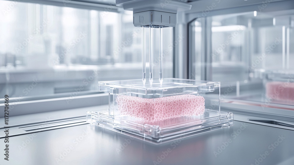 Poster advanced bioprinting technology creating cellular structures in a clean, sterile laboratory