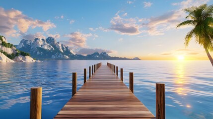 Obraz premium A long wooden pier extends over calm sea waters, bathed in the golden light of a sunset. The serene atmosphere evokes a sense of calm and romance.