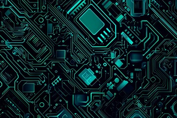 Abstract close-up of a glowing blue digital circuit board, showcasing intricate connections and technological design on a black background.
