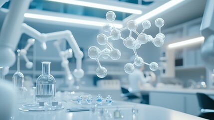 High-tech laboratory with holographic molecular models floating in mid-air, futuristic biotech facility