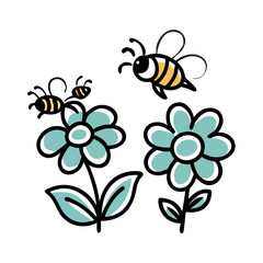 Bees and teal flowers illustration with playful accents.