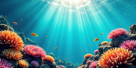 Sunbeams Illuminate Vibrant Underwater Coral Reef Scene with Colorful Fish