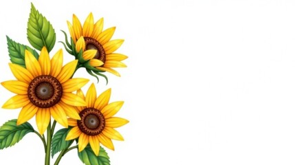 Vibrant Sunflowers with Green Leaves on White Background for Design Projects