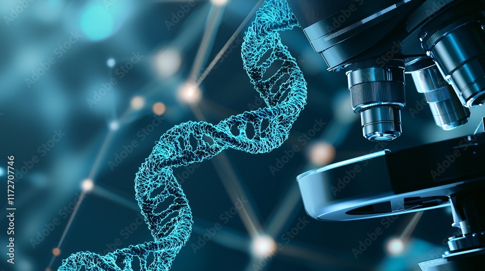Poster microscope image of modified dna strands displayed on advanced digital equipment in a biotech lab