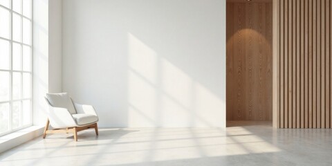 Modern minimalist interior design with sunlight streaming through a large window, illuminating a light-colored armchair and wooden wall accents.