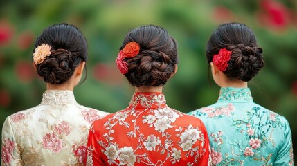 Obraz premium Three women wearing traditional chinese qipao dresses, showcasing intricate floral details and elegant hairstyles