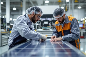 Two colleagues in factory working on solar cell