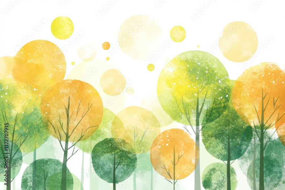 Poster vibrant forest landscape filled with playful doodles and colorful shapes representing trees and natu