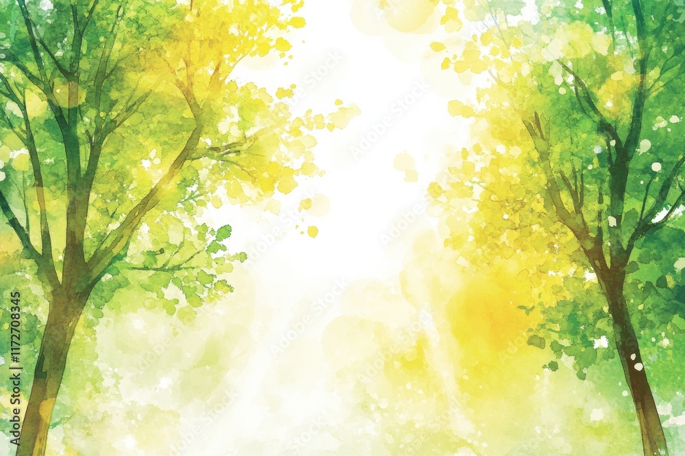 Aufkleber Bright and cheerful doodle showcasing a sunlit forest with vibrant green trees and warm light filtering through the leaves. Generative AI