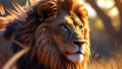 Naklejka premium Majestic Lion in the Golden Afternoon A Hyper-Realistic Portrait