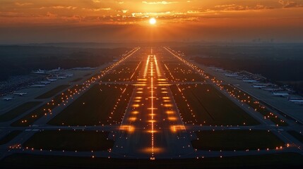 Early Morning Light Illuminates an Airport Runway Under a Bright Sunrise Sky with Planes Parked in the Background
