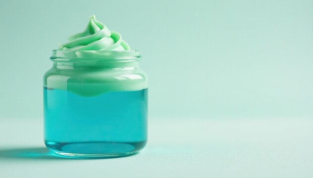 Colorful blue and green liquid with a thick creamy texture inside a jar, clear, gel-like substance, container
