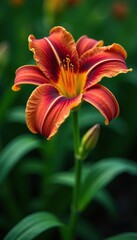 Deep red inner petals with orange yellow outer layers on a daylily stem, daylily, foliage