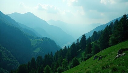 Obraz premium Dense forests on mountain slopes with a misty atmosphere, greenery, mountains