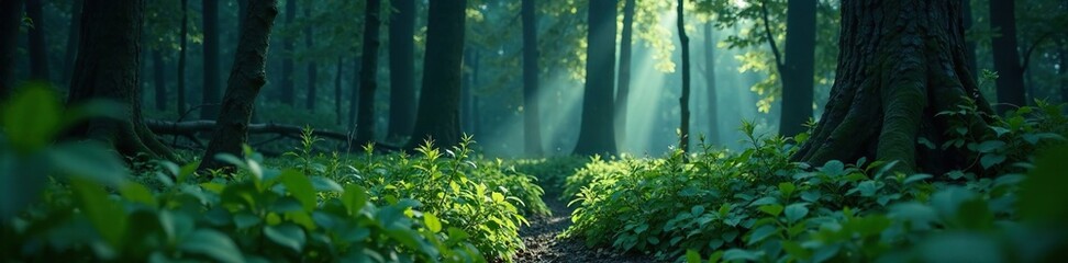 Fototapeta premium Dense long grasses hiding secrets in a dark and mysterious forest, trees, foliage