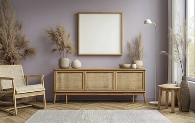 Modern living room interior design, pastel purple walls, wooden furniture, rattan details,  cozy atmosphere, ideal for home decor websites.