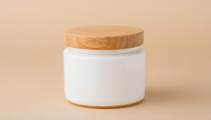 White jar with wooden lid on beige background. Cosmetic, medicine or food.