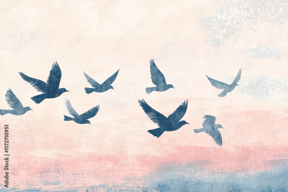 Poster flock of birds soaring through a pastel sky in retro risograph style artwork. generative ai
