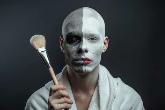 Gender fluid makeup artist in bathrobe creates drag queen look.