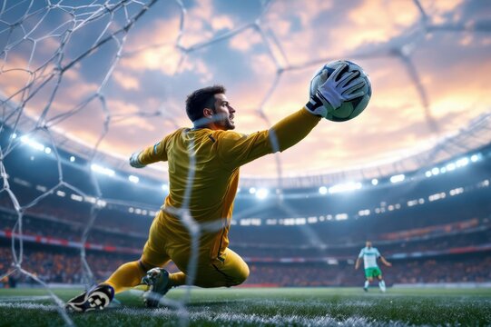 close view of soccer goaltender making crucial saves during a soccer match in a large stadium, spectacular shot