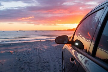 A car parked on a sandy beach at sunset, ocean waves visible, sunset colors reflected in the car window. Peaceful coastal scene.
