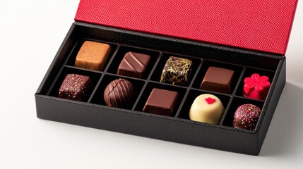 Assorted Gourmet Chocolate Selection in Elegant Gift Box with Red Lid and Black Base