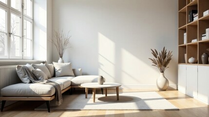 Serene Minimalist Living Room Design with Natural Light and Wooden Accents