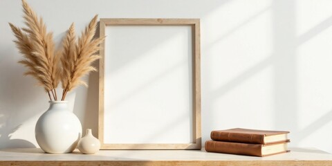 A sunlit wooden shelf displays an empty picture frame, pampas grass in a vase, and a stack of leather-bound books.