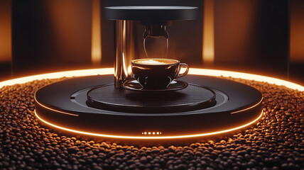 Obraz premium luxurious coffee maker with cup of freshly brewed coffee, surrounded by coffee beans, exuding warmth and elegance. Perfect for coffee enthusiasts