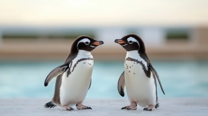 Obraz premium Two Humboldt Penguins Face Each Other by the Water