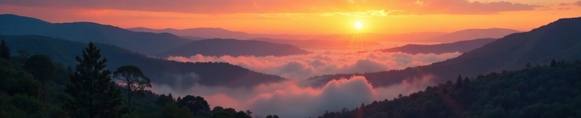 Fototapeta premium Morning sunrise over the rolling hills and misty river landscape, hills, soft, serene