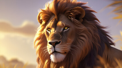Naklejka premium Majestic Lion in the Golden Afternoon A Hyper-Realistic Portrait