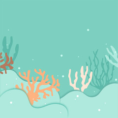 Underwater scene with colorful coral reefs and fish. Cartoon style. Bright blue background. Concept of marine life. Vector illustration