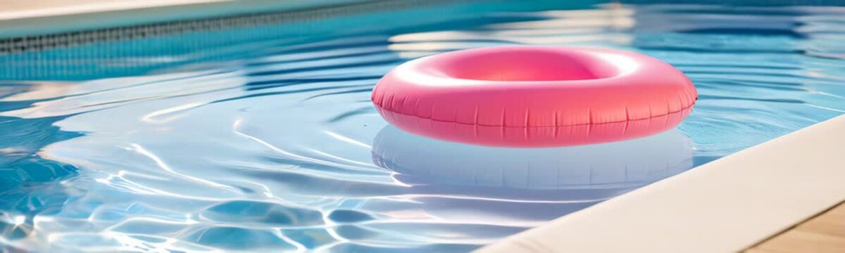 An inflatable tube floating on water in swimming pool. Copy space for text banner. Family travel and vacation concept