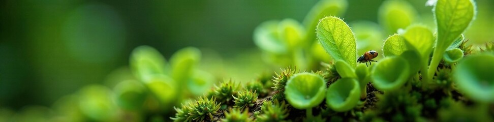 Fototapeta premium Small carnivorous plant leaves with waxy coating, epiphyte, greenery, insects