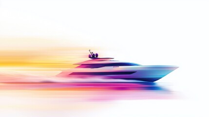 High-Speed Luxury Yacht Departing with Colorful Motion Blur on Clear Water Background