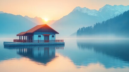 Fototapeta premium Sunrise over misty lake, house on stilts, mountain backdrop, peaceful scene, perfect for travel brochure.