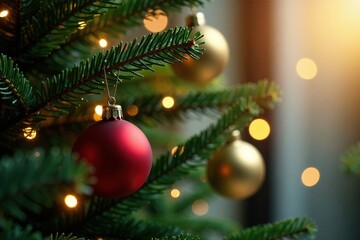 Obraz premium Softly lit fir tree branch with hanging ornaments, firm branches, twinkling light